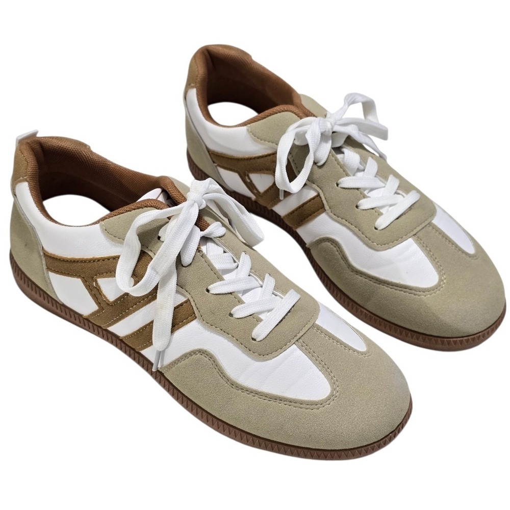 KAIDIYUAN Men's Retro Low Top Sneakers Tan White Brown Gum Sole Size 41